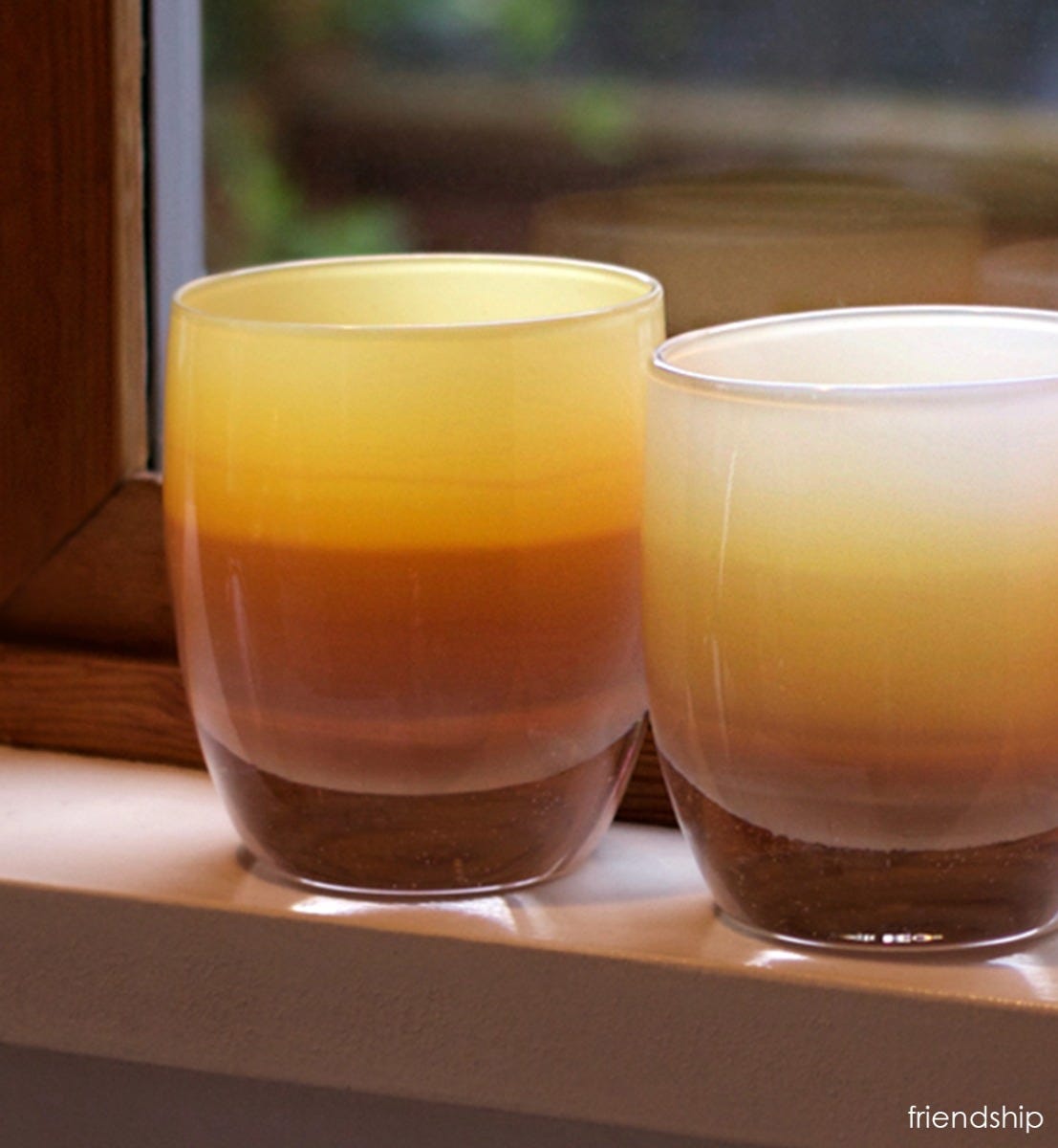 friendship hand-blown soft yellow with brown banding glass votive candle holder.
