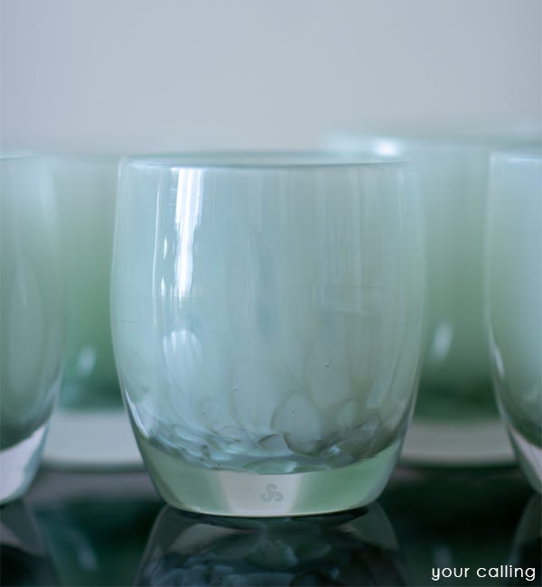 your calling, pale green petal texture, hand-blown glass votive candle holder.