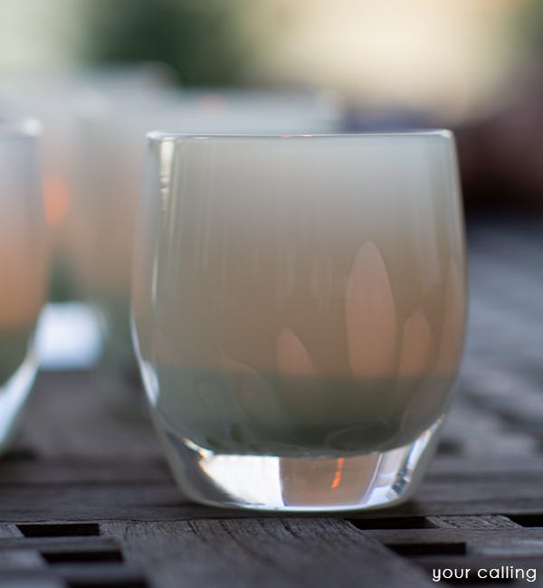 your calling, pale green petal texture, hand-blown glass votive candle holder.