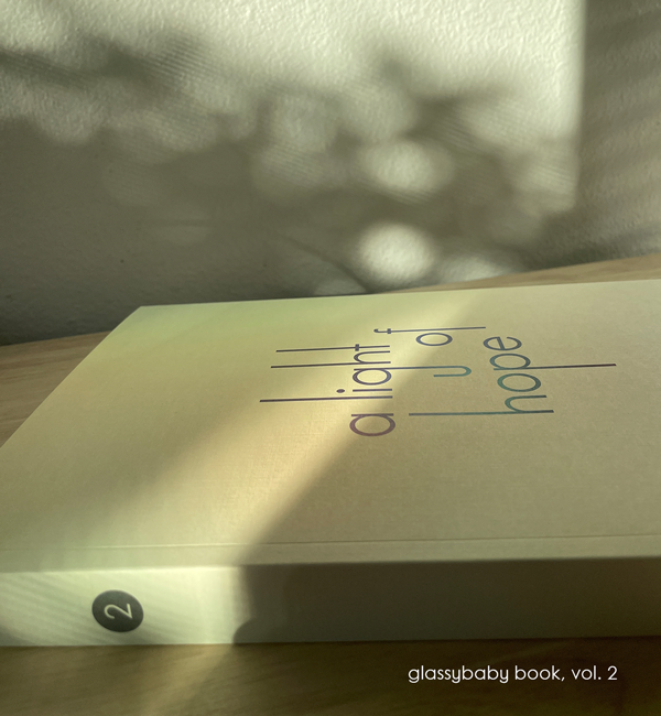 coffee table book of glassybaby volume two sitting in sunshine and shadows.