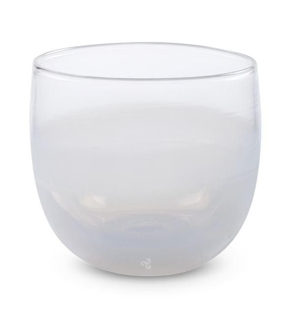 hand-blown clear white drinking glass.