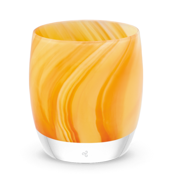 lifesaver orange and yellow swirled, hand-blown glass votive candle holder.