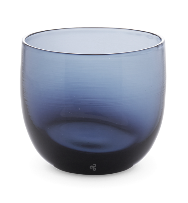 hand-blown dark blue drinking glass.