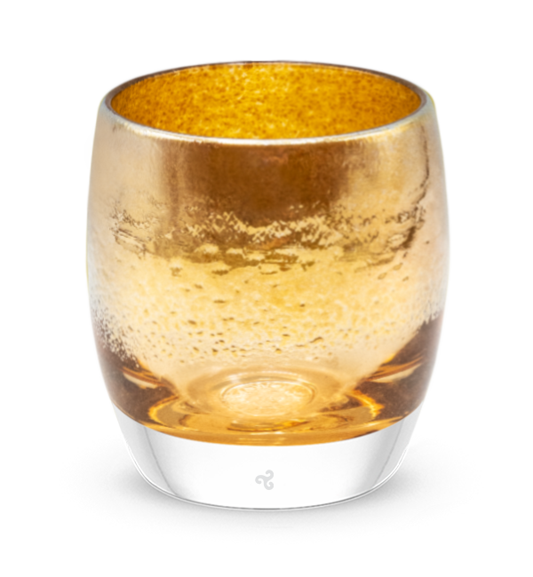 stay gold amber topped with gold, hand-blown glass votive candle holder