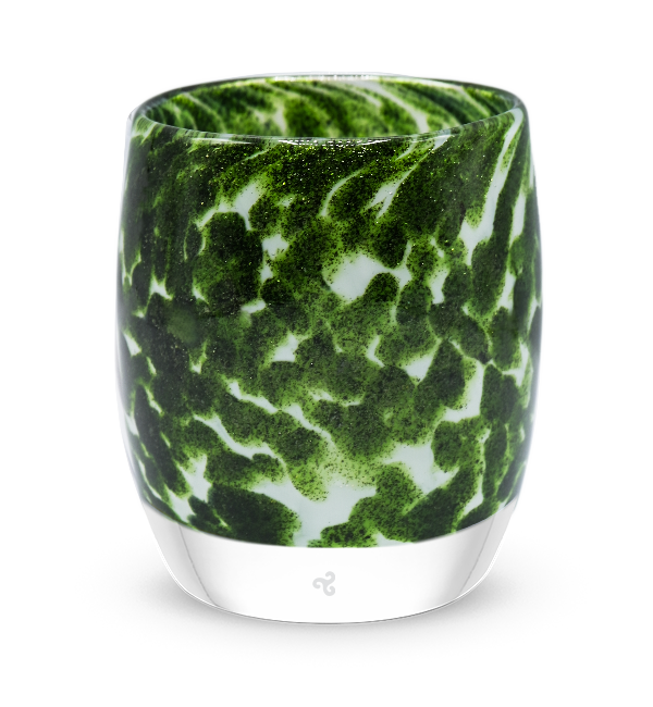 through the woods hand-blown dark green with glitter glass votive candle holder