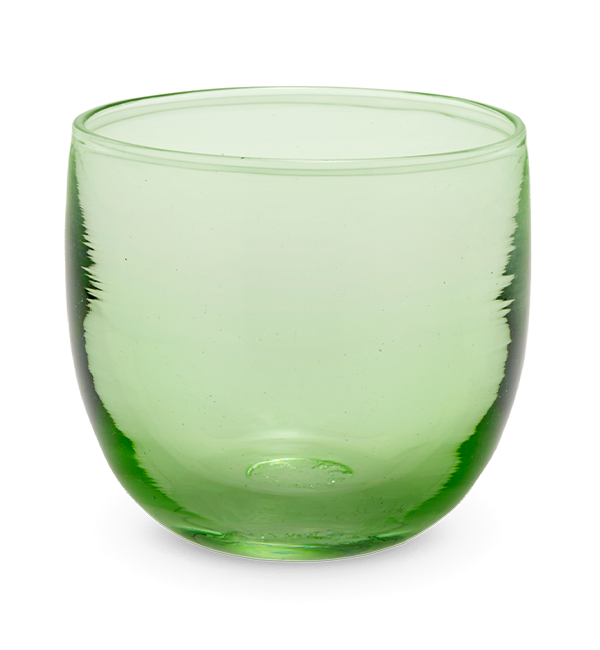 gin fizz drinker, transparent light green hand-blown drinking glass.