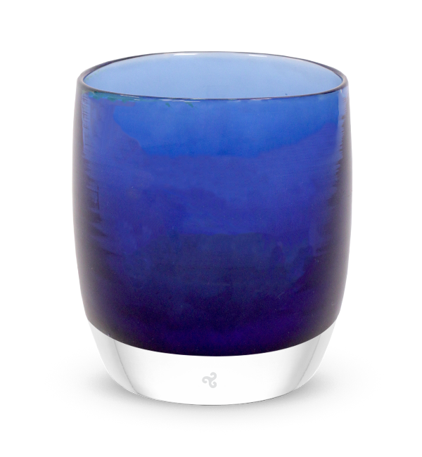 give hand-blown sapphire blue with silver metallic interior glass candle holder.