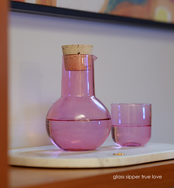 true love translucent raspberry pink, hand-blown carafe and drinking cup