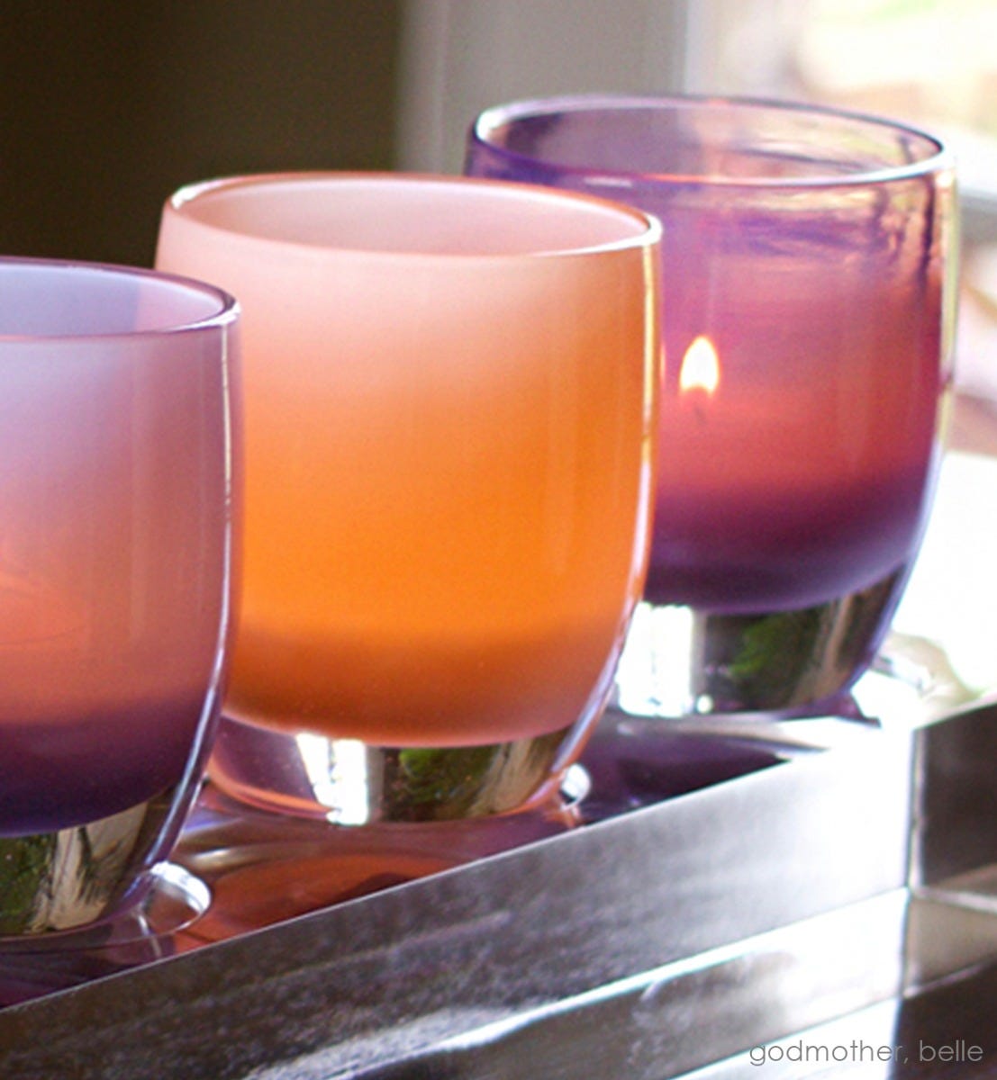 godmother, peach hand-blown glass votive candle holder. Paired with belle.