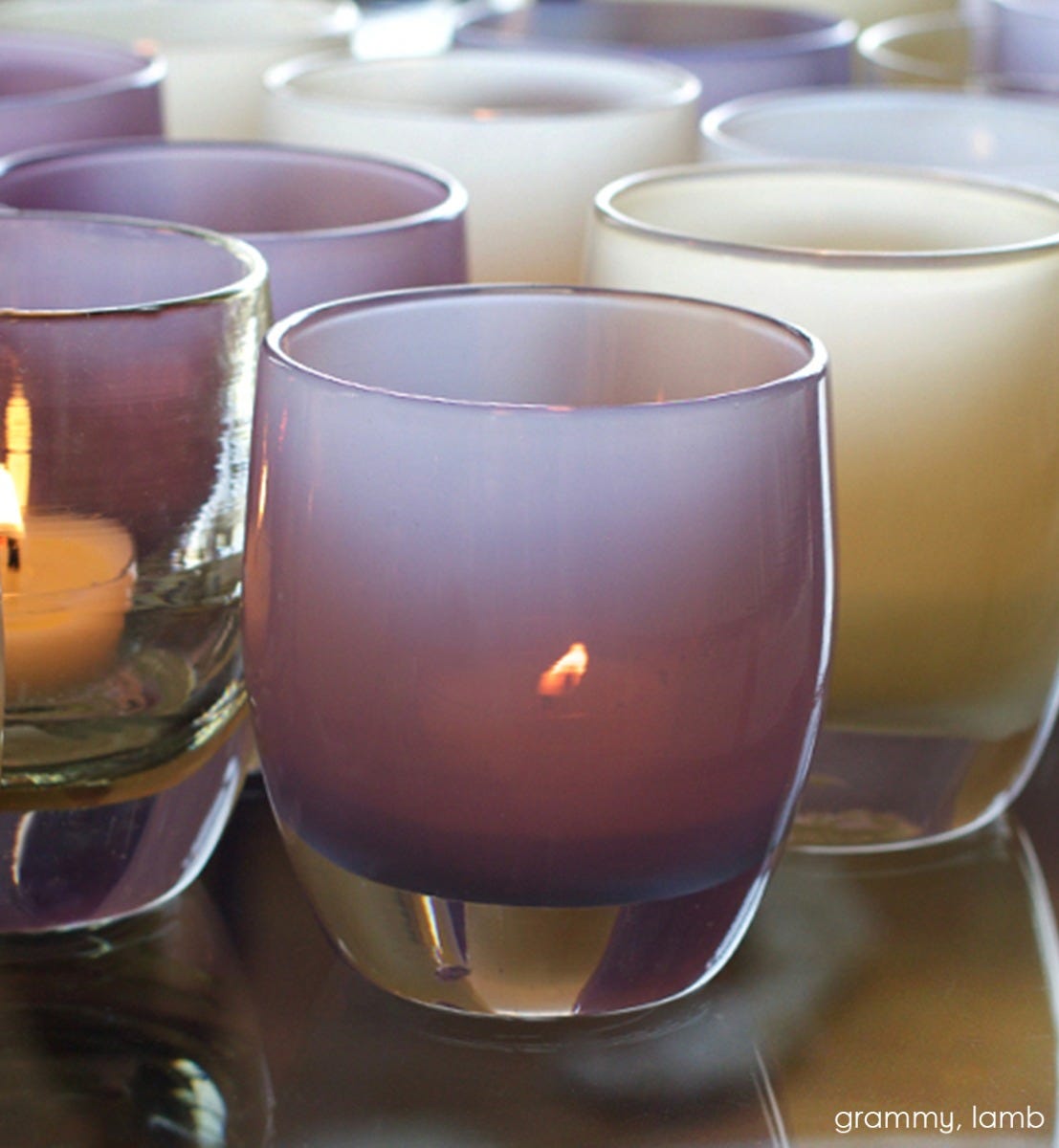 grammy, soft purple hand-blown glass votive candle holder. Paired with lamb.