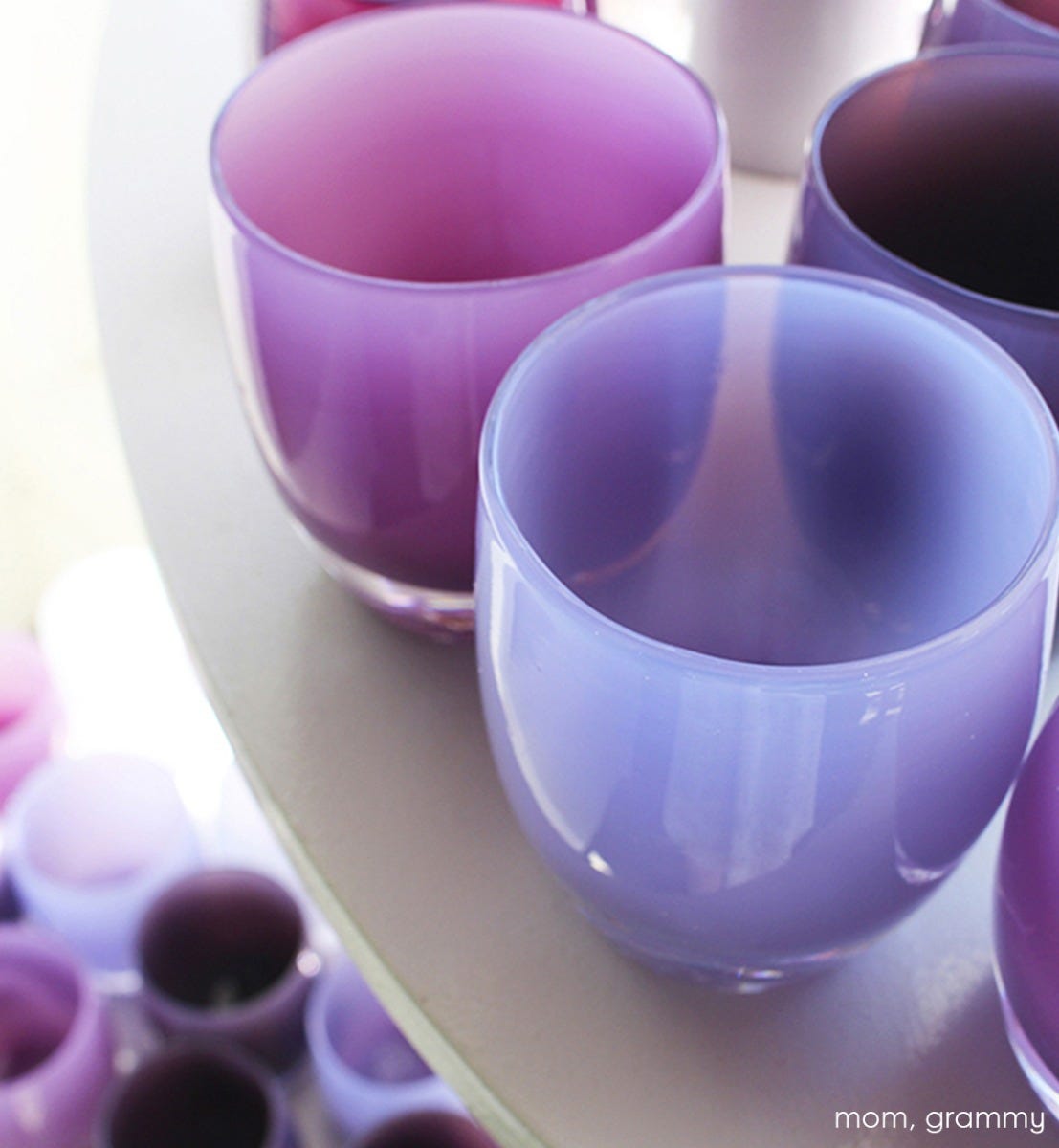 grammy, soft purple hand-blown glass votive candle holder. Paired with mom.