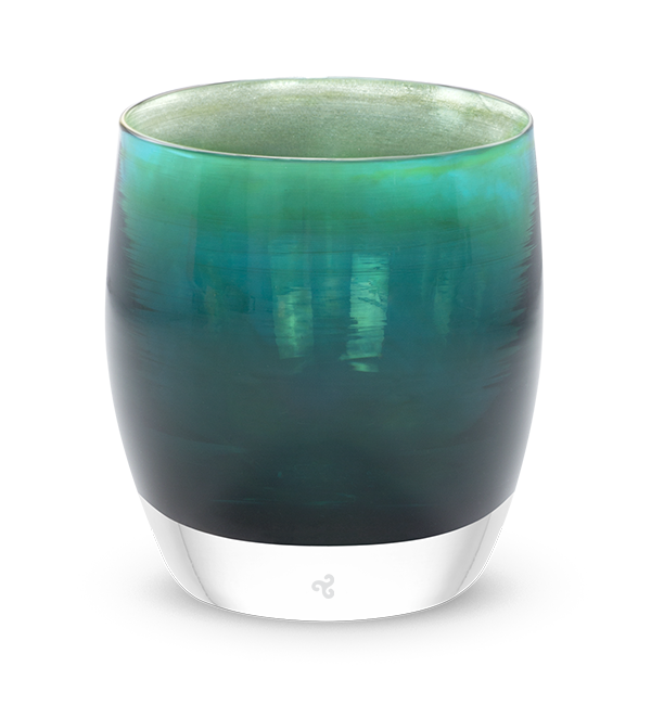 gratitude, translucent teal green with silver luster, hand-blown glass votive candle holder.