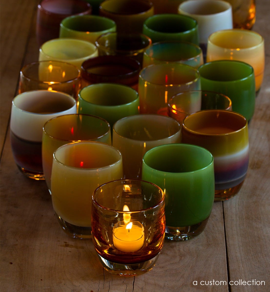 great oak, soft light brown, hand-blown glass votive candle holder.