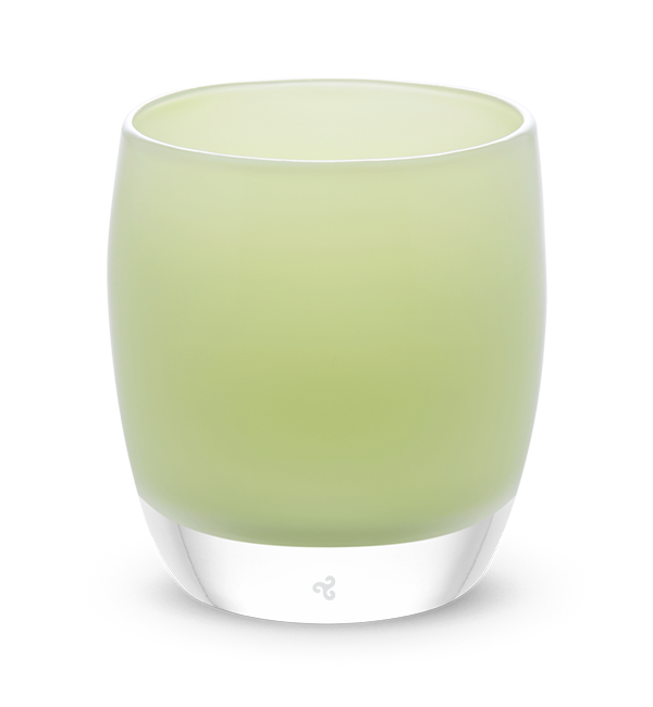 grin soft light green hand-blown glass votive candle holder.