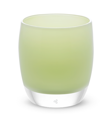 grin soft light green hand-blown glass votive candle holder.