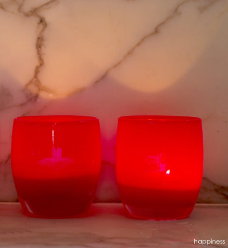 happiness scarlet red hand-blown glass votive candle holder.