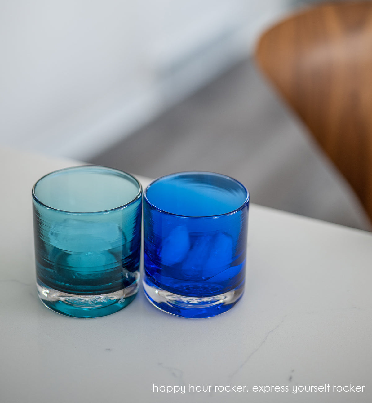 happy hour rocker aqua blue hand-blown lowball glass.