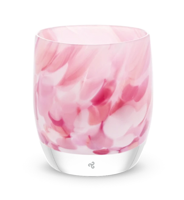 heart over heels white and pink speckled hand-blown glass votive candle holder.