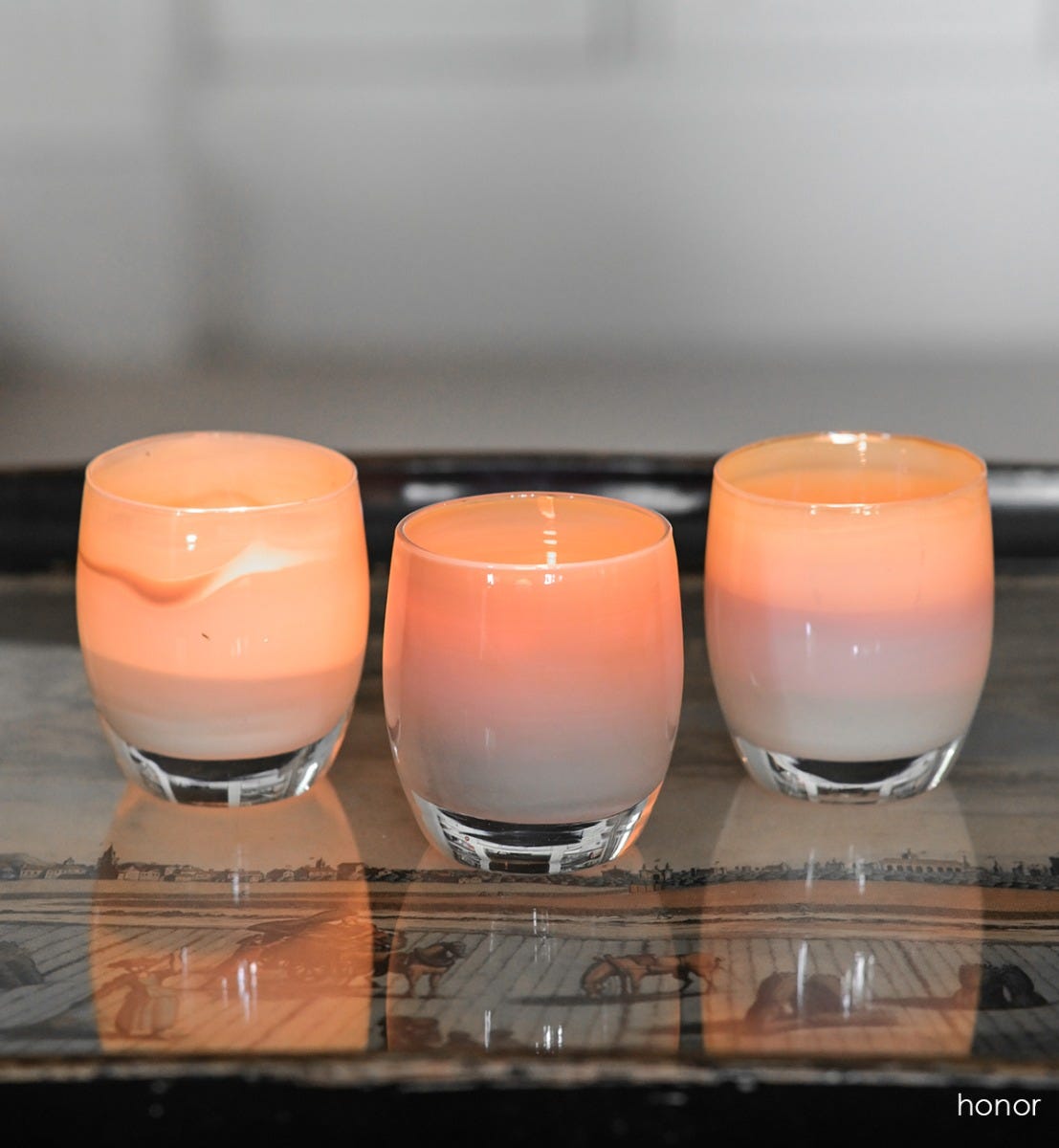 honor, cream with gold metallic interior, hand-blown glass votive candle holder.