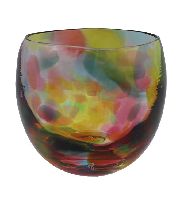 iced tea, multi-colored hand-blown drinking glass.