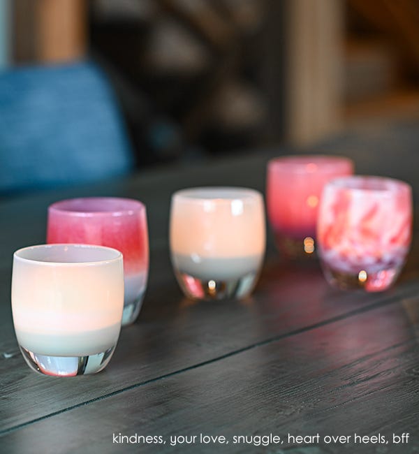 kindness soft cream hand-blown glass votive candle holder. Paired with your love, snuggle, heart over heels, and bff.
