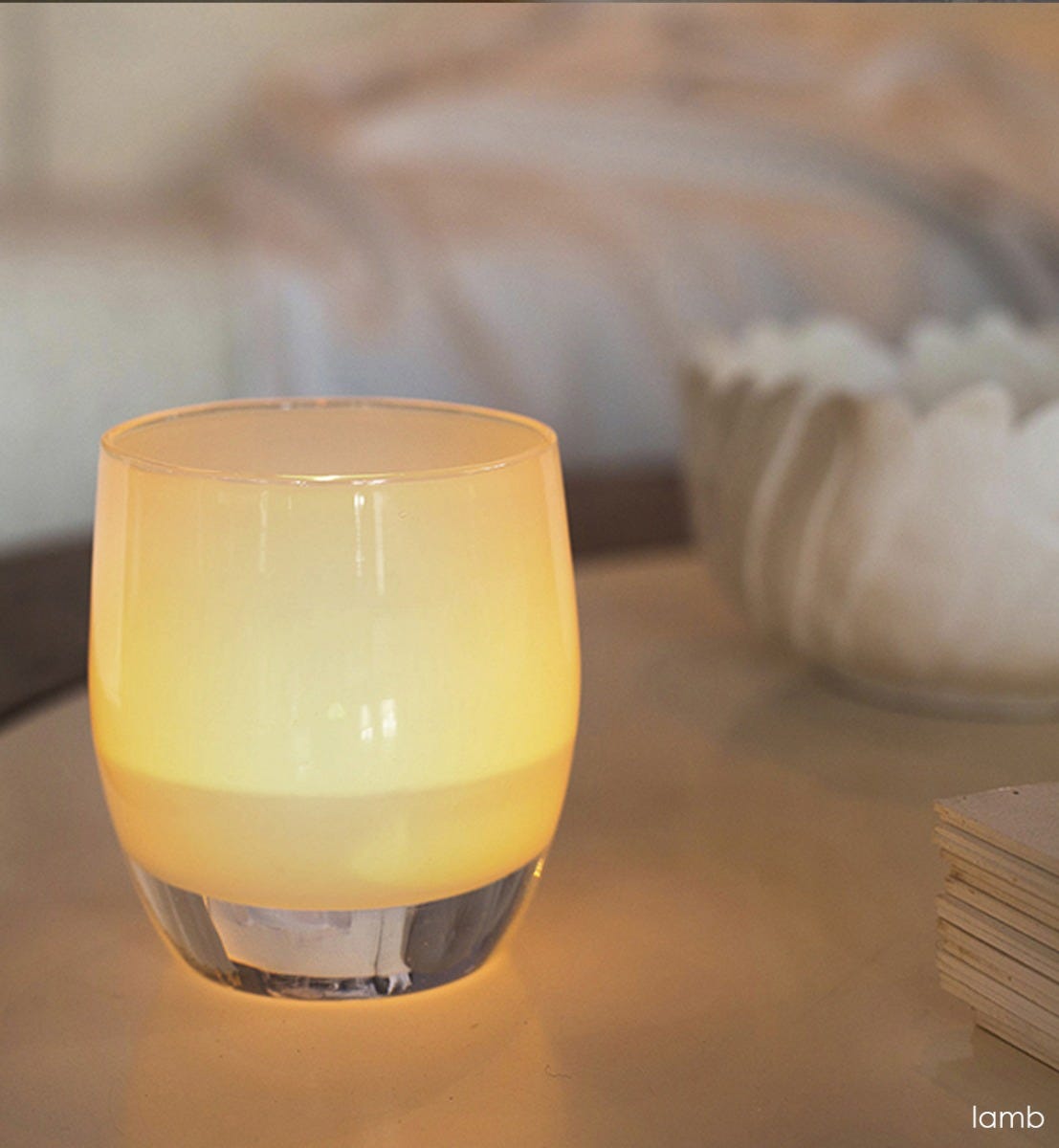 hand-blown soft beige glass votive candle holder
