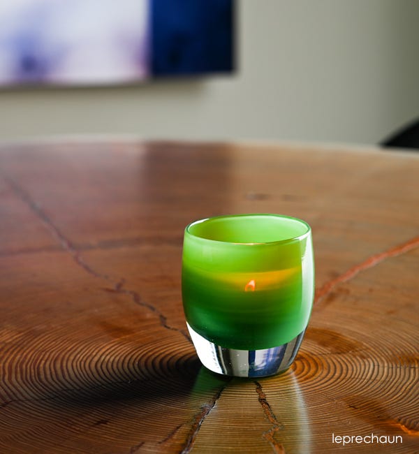 leprechaun hand-blown green glass votive candle holder