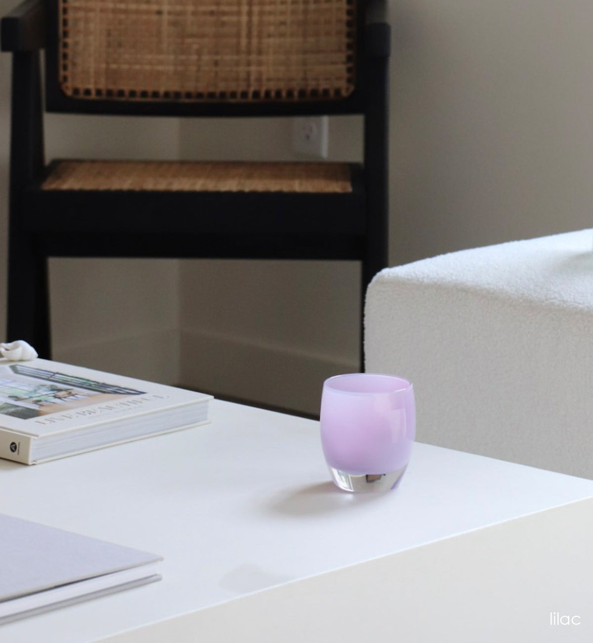 lilac, soft purple, hand-blown glass votive candle holder