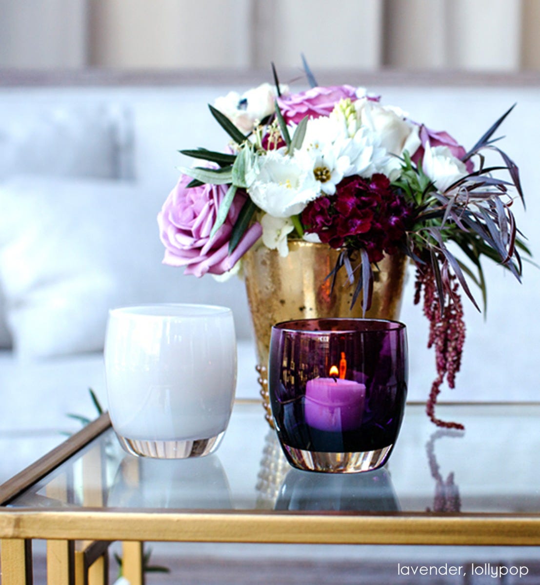 lollypop transparent dark purple hand-blown glass votive candle holder. Paired with lavender.