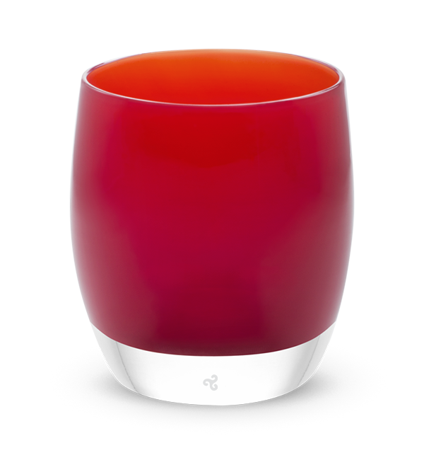 love brick red hand-blown glass votive candle holder.