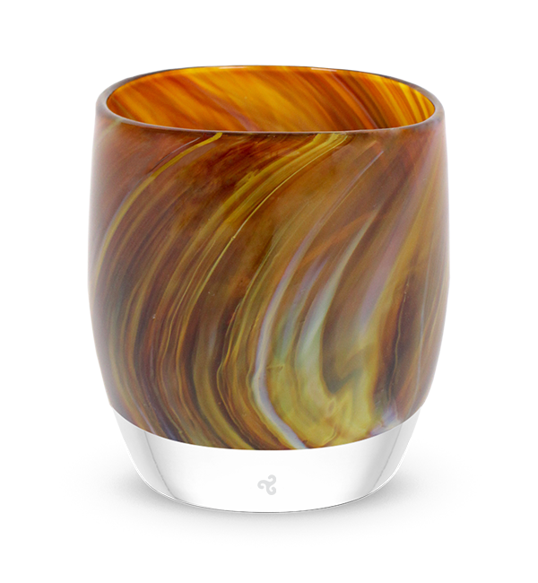 lucky penny hand-blown brown swirled glass votive candle holder.