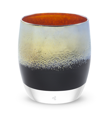 master of the universe silver on brown hand-blown glass votive candle holder.