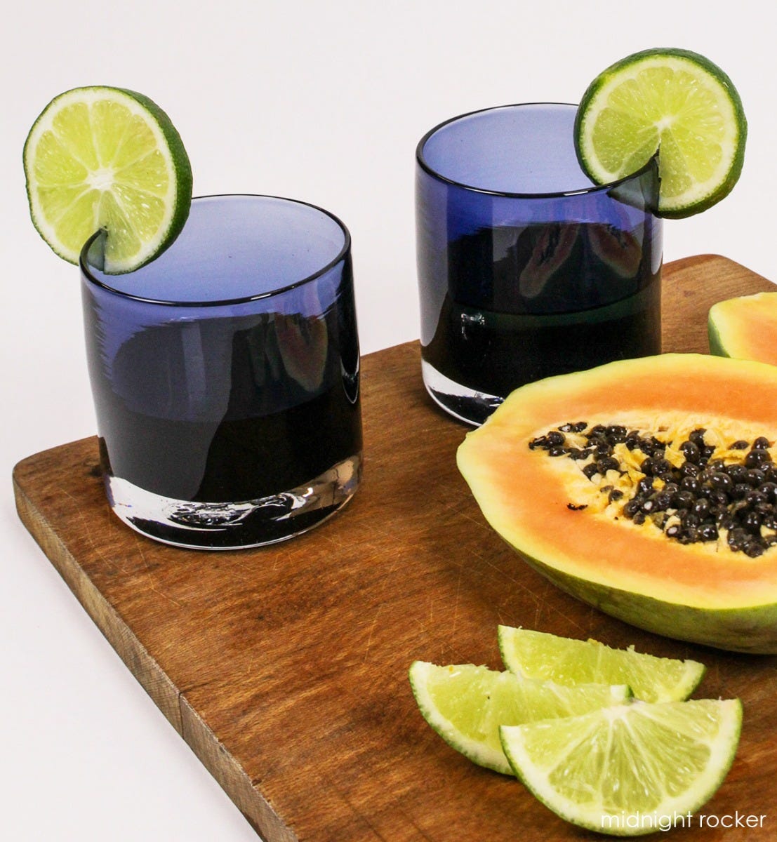 midnight rocker dark blue hand-blown lowball drinking glass.