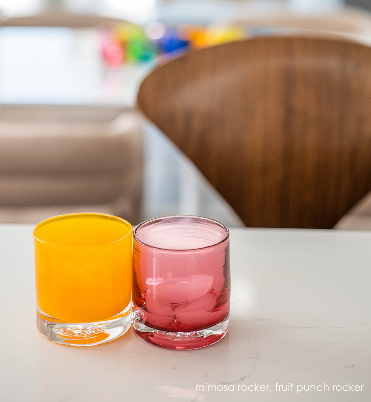 mimosa rocker, tangerine orange hand-blown lowball glass. paired with fruit punch rocker