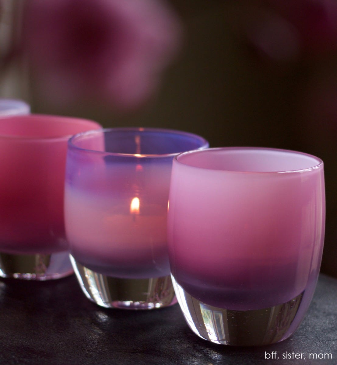 mom soft purple hand-blown glass votive candle holder. Paired with bff and sister.