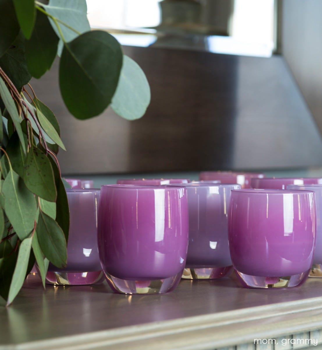 mom soft purple hand-blown glass votive candle holder. Paired with grammy.