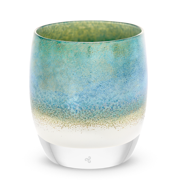 mother earth white with metallic green blue top, hand-blown glass votive candle holder
