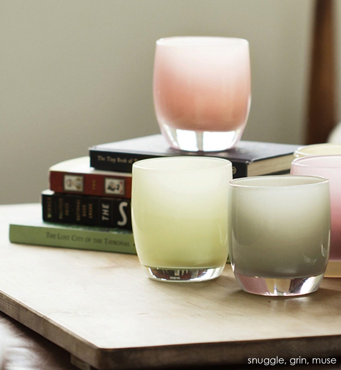 muse gray hand-blown glass votive candle holder. Paired with snuggle and grin.
