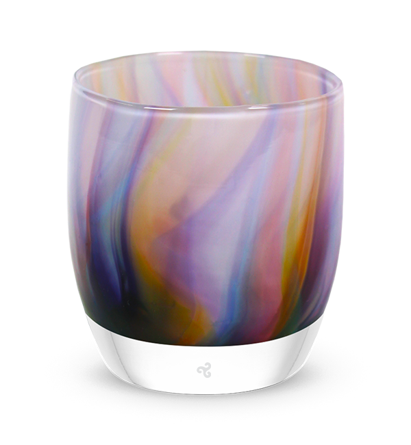 music and peace, rainbow swirled texture, hand-blown glass votive candle holder