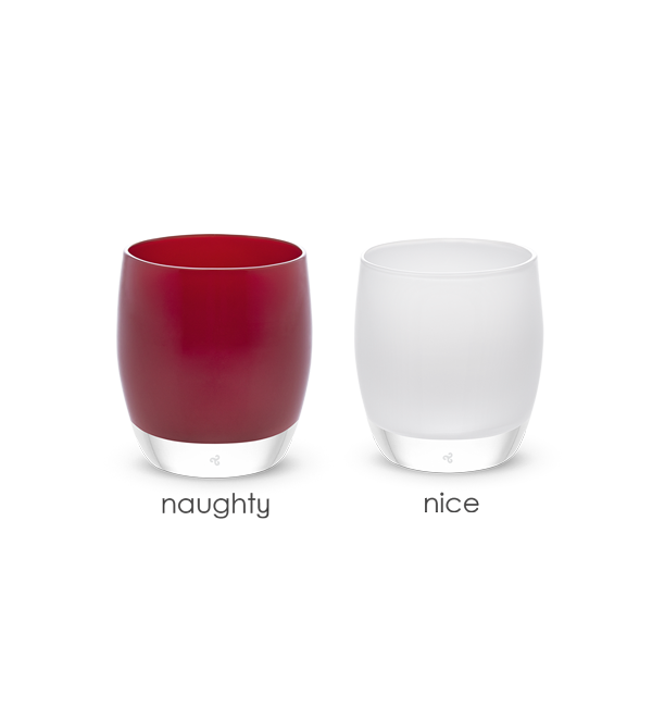 naughty and nice set, naughty red, nice white, set of hand-blown glass votive candle holders