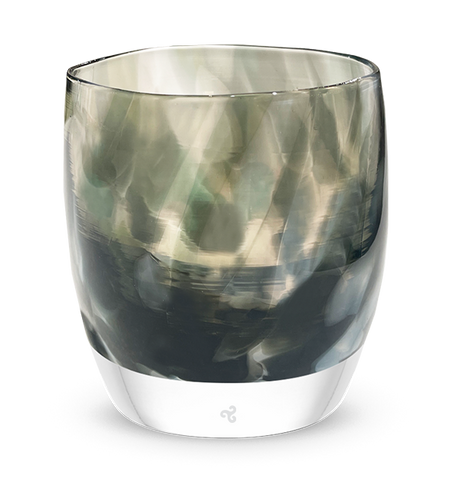 turbulence, smokey grey and white patterned, hand-blown glass votive candle holder.
