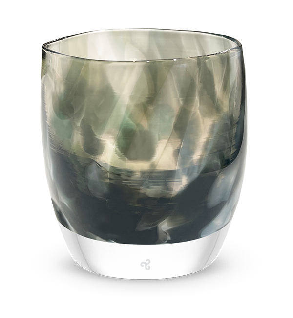 turbulence, smokey grey and white patterned, hand-blown glass votive candle holder.