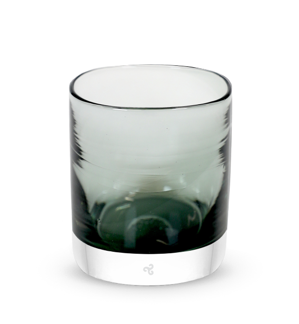 old fashioned rocker, translucent deep green, hand-blown lowball drinking glass.