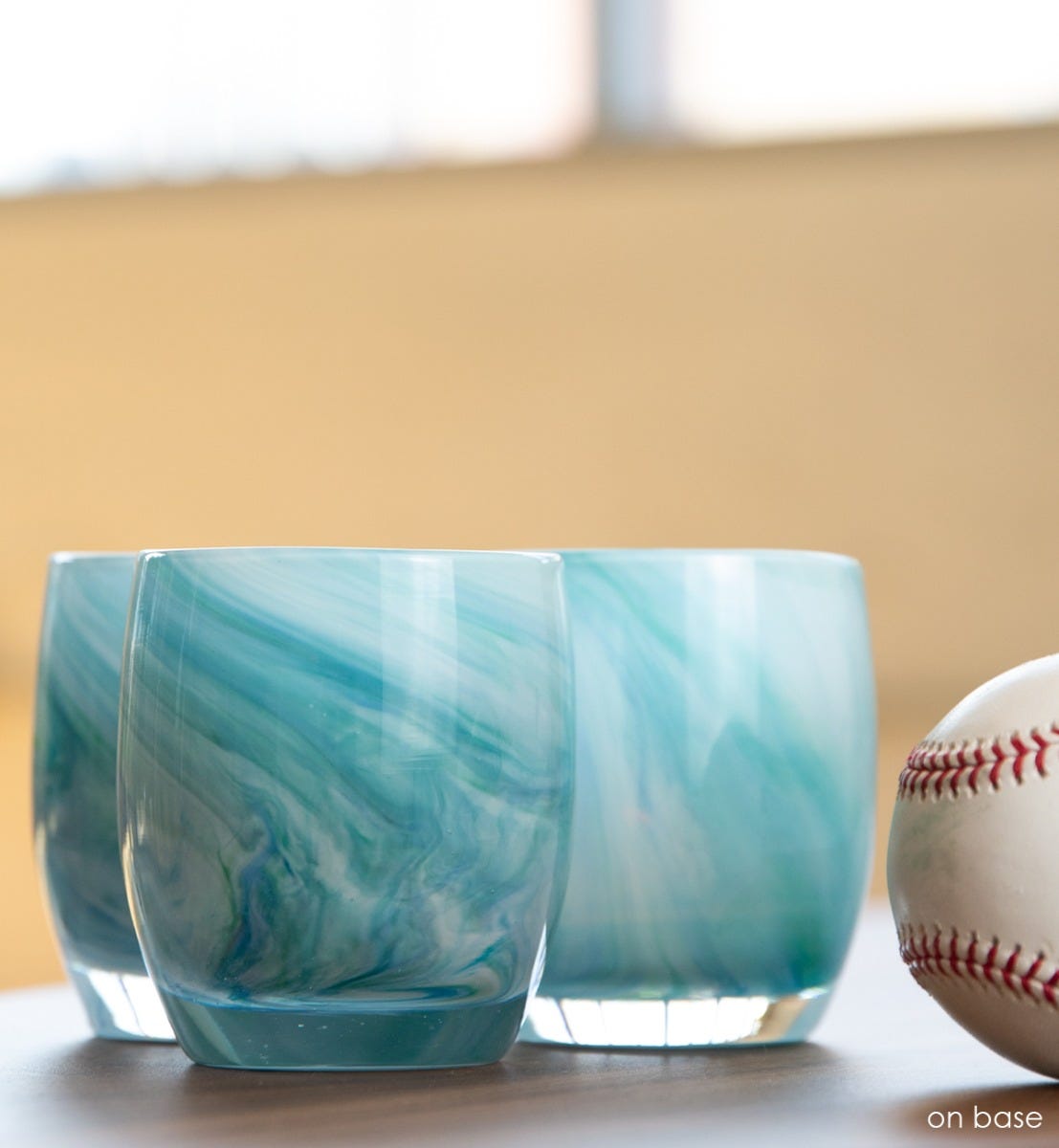 on base blue green swirled hand-blown glass votive candle holders