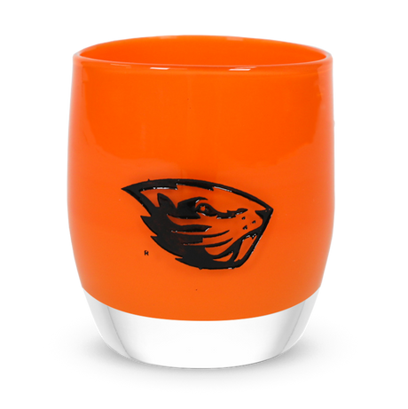 osu, Oregon State University mascot on orange, hand-blow glass votive candle holder.