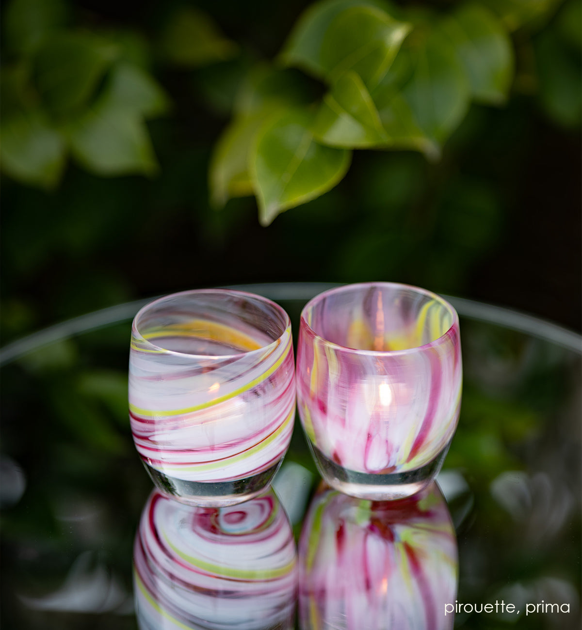 prima pink multi-colored petal, pirouette pink multi-colored swirl, hand-blown glass votive candle holders