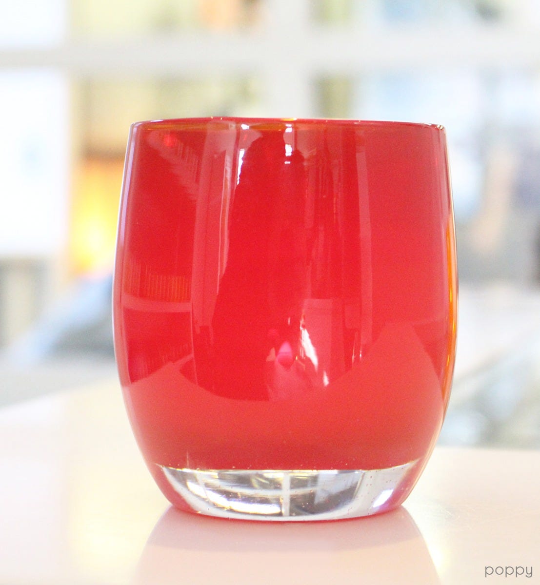 poppy red hand-blown glass votive candle holder