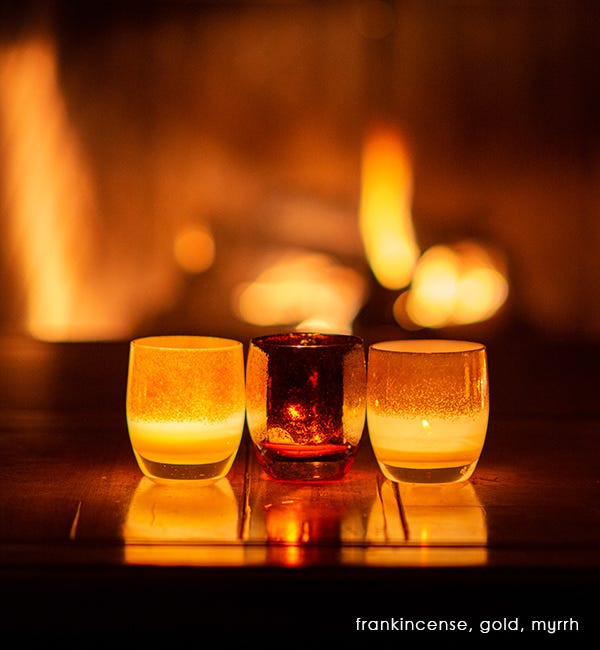 precious cargo is a beautiful set of 3 hand-blown glass votive candle holders; frankincense, gold, and myrrh.