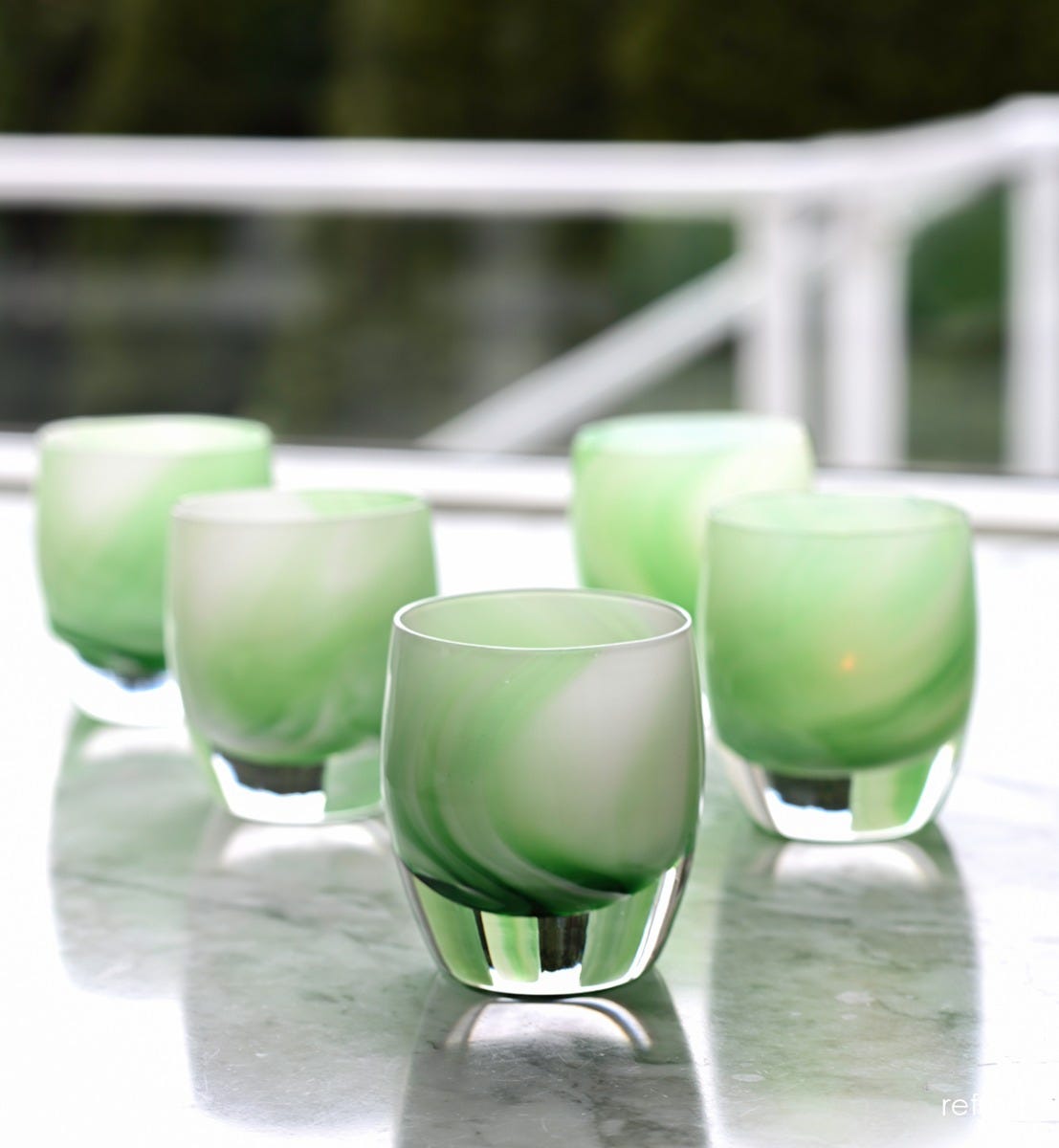 refresh, green and white opaque swirl, hand-blown glass votive candle holder