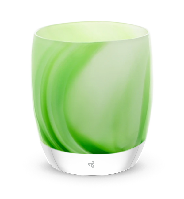 refresh, green and white opaque swirl, hand-blown glass votive candle holder